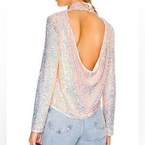 ASTR The Label | Lia Sequin Mock Neck Open Back Top Size Small Iridescent Pink
